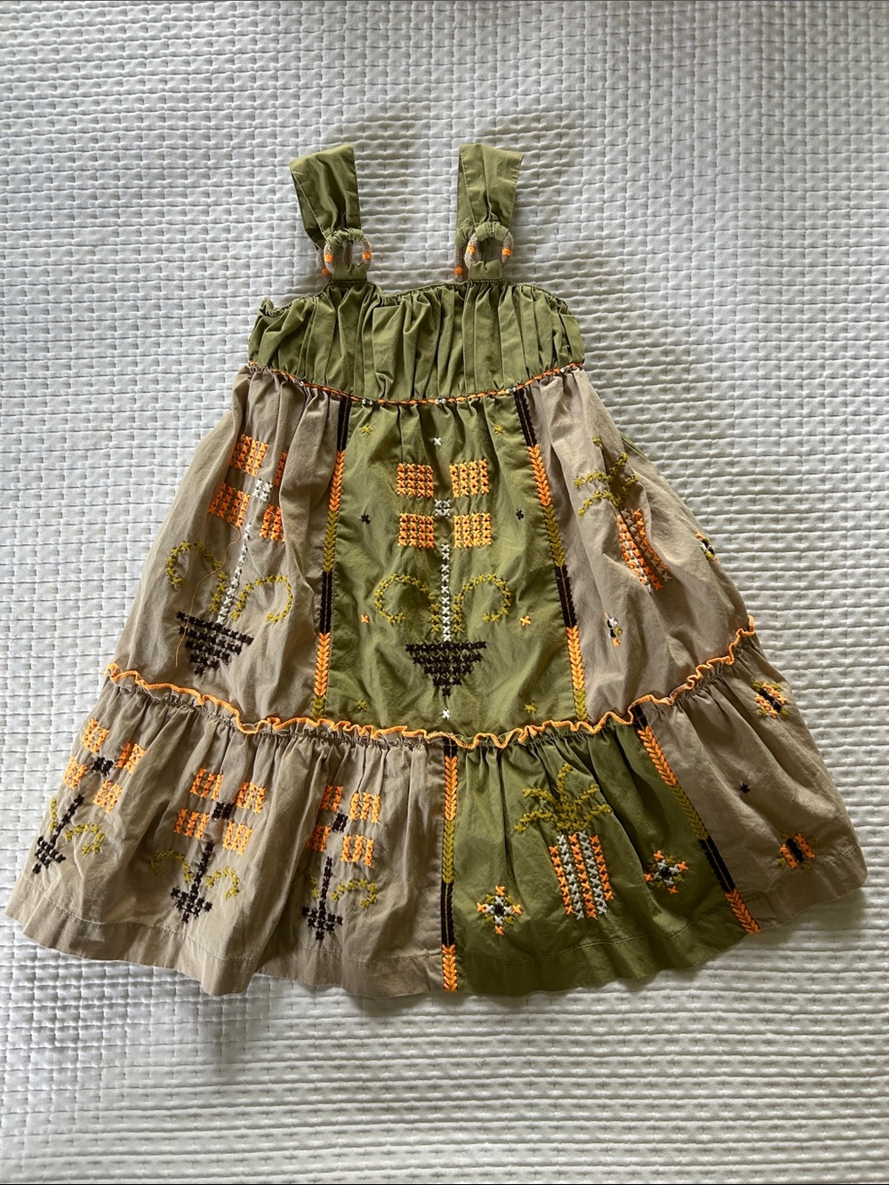 Zara Girls Olive Green and Tan Embroidered Sundress with Orange Accents Size 6